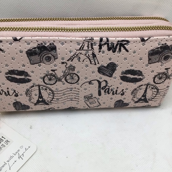 Blush Kiss Glitter Paris Eiffel Tower Butterfly Print Wristlet Wallet - Picture 5 of 10